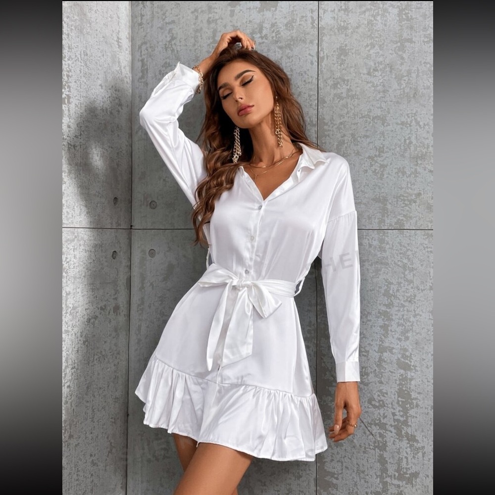 White Ruffle Hem Belted Shirt Dress